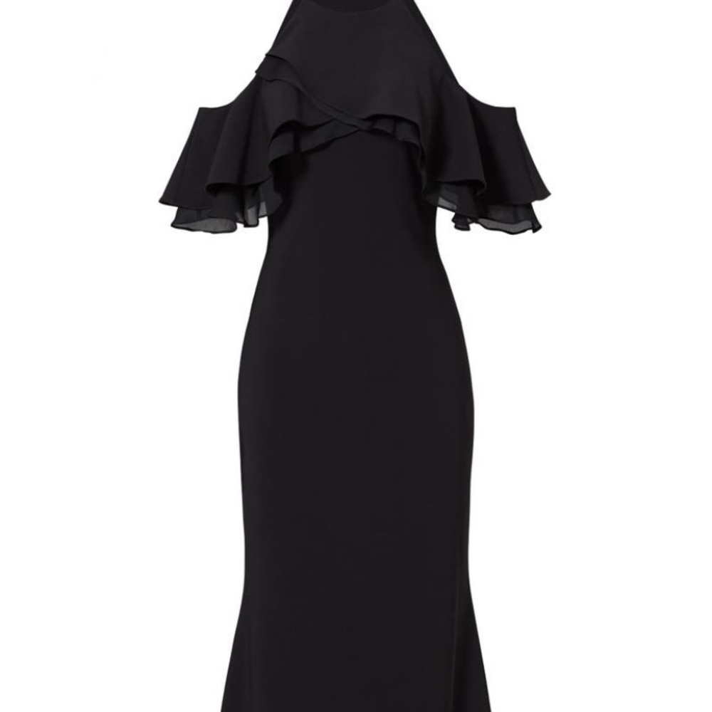 Badgley mischka black crossover ruffle gown